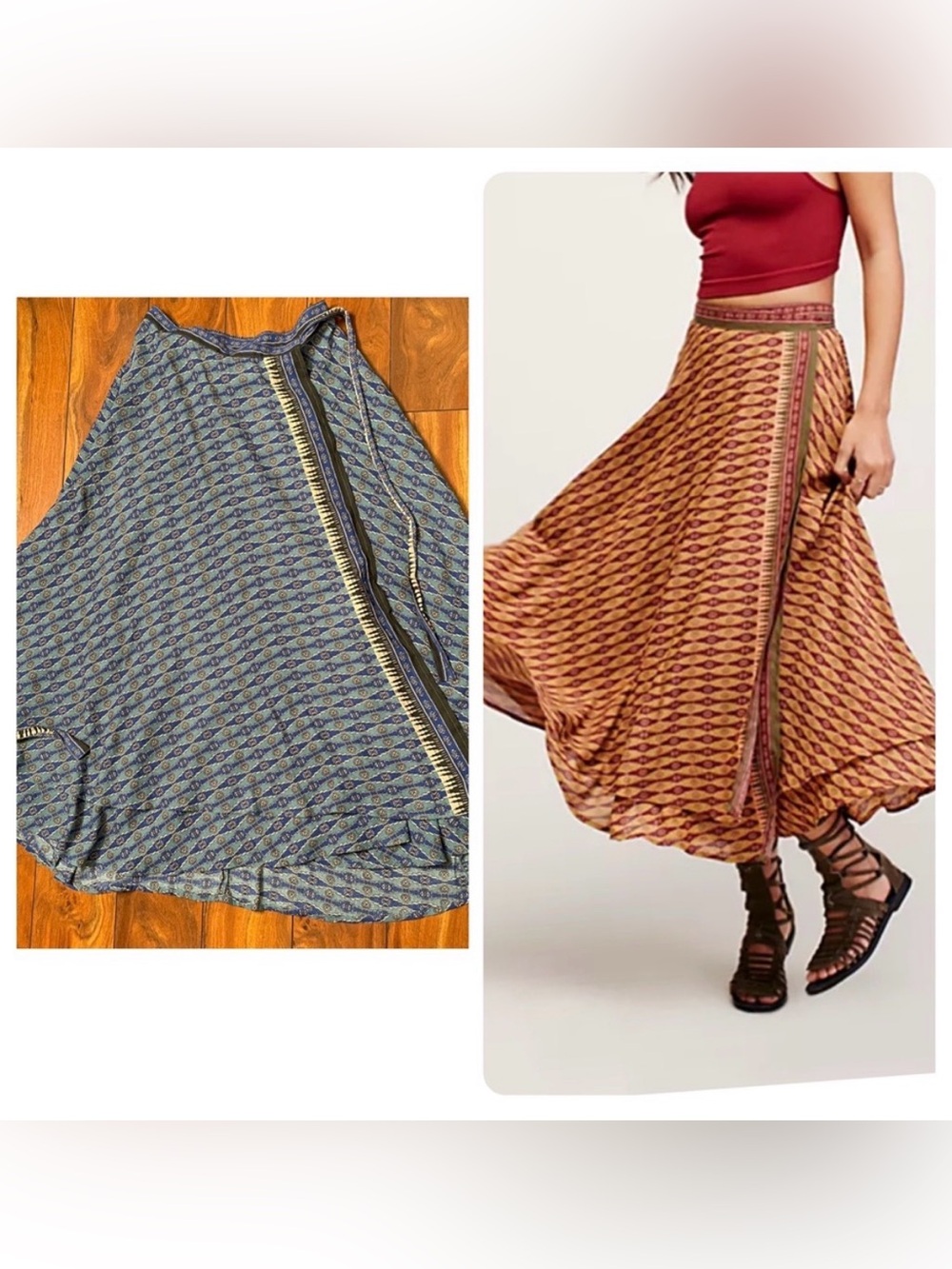 Free People Good 4 U Wrap Skirt Beige Blue Boho Romantic Maxi Midi Size 8